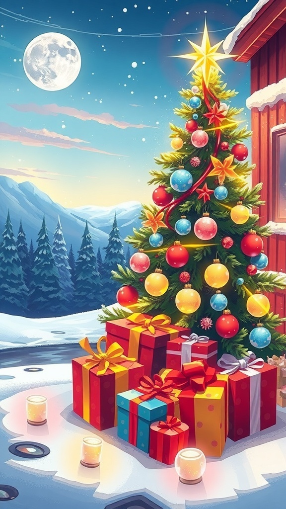 Digital Christmas Drawing Ideas Digital Christmas drawing with a decorated tree and gifts in a snowy landscape.